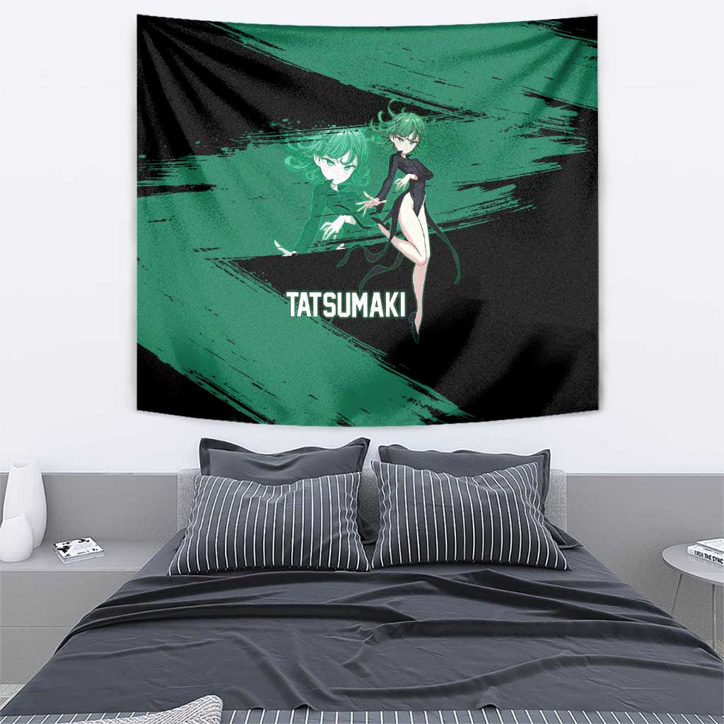 Tatsumaki One Punch Man Anime Green and Black Theme Tapestry with Psychic Power Effects and Bold - The Mazicc