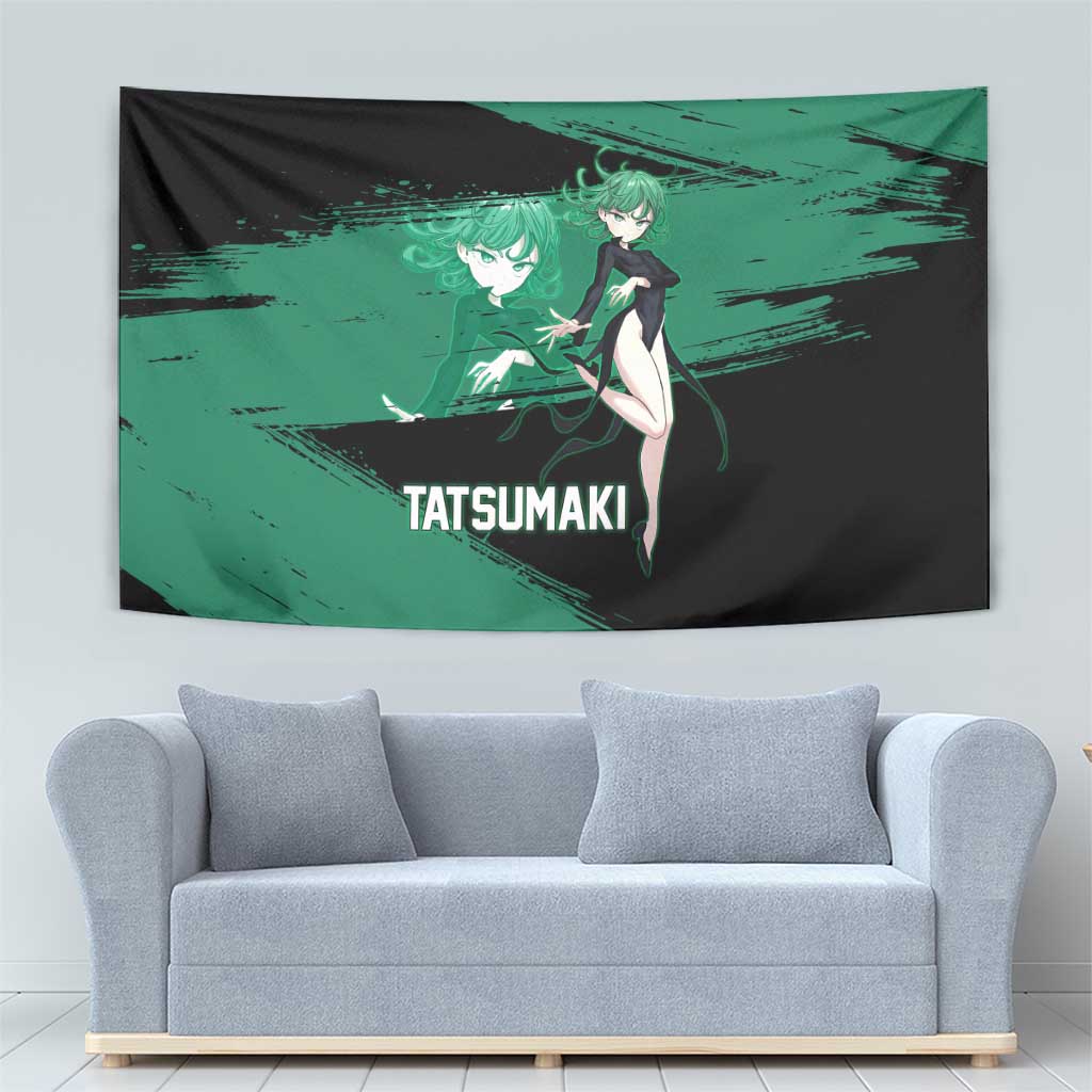 Tatsumaki One Punch Man Anime Green and Black Theme Tapestry with Psychic Power Effects and Bold - The Mazicc