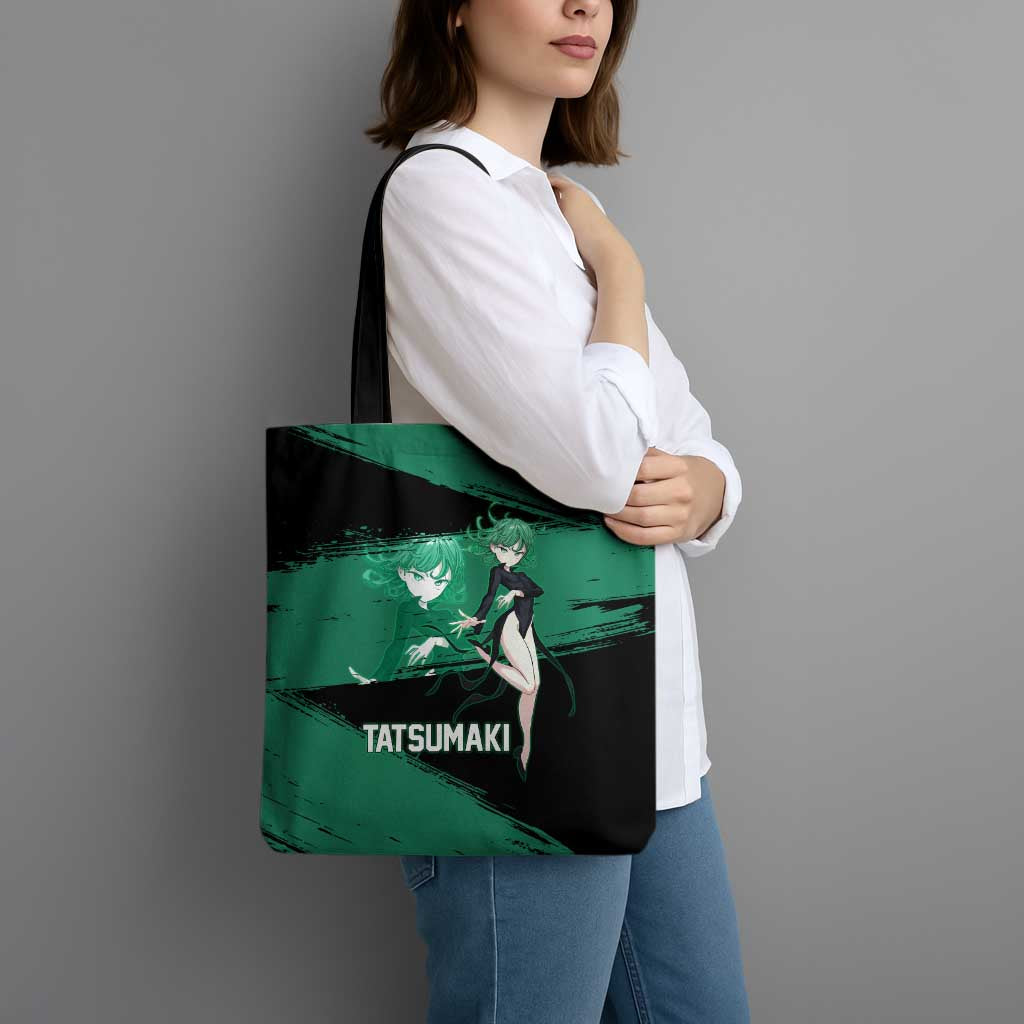 Tatsumaki One Punch Man Anime Green and Black Theme Tote Bag with Psychic Power Effects and Bold - The Mazicc