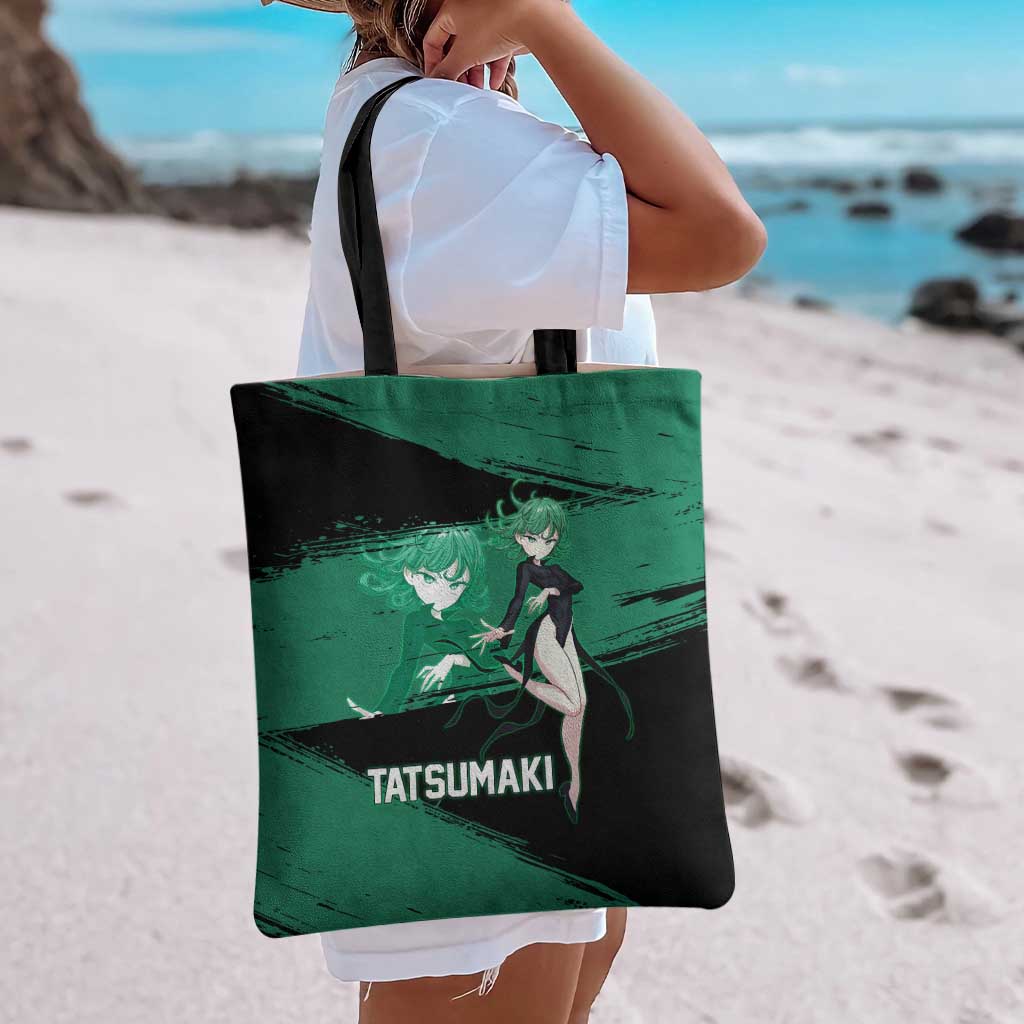 Tatsumaki One Punch Man Anime Green and Black Theme Tote Bag with Psychic Power Effects and Bold - The Mazicc
