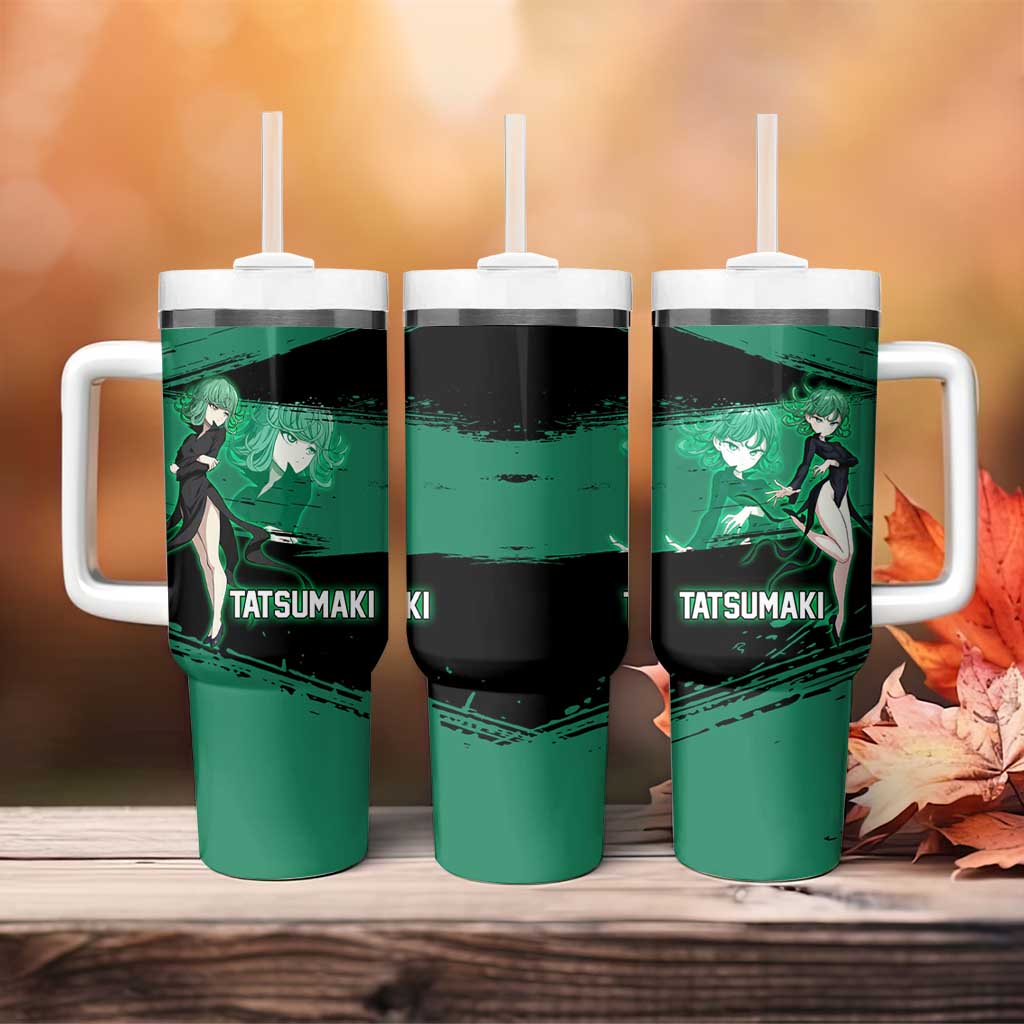 Tatsumaki One Punch Man Anime Green and Black Theme Tumbler With Handle with Psychic Power Effects and Bold - The Mazicc