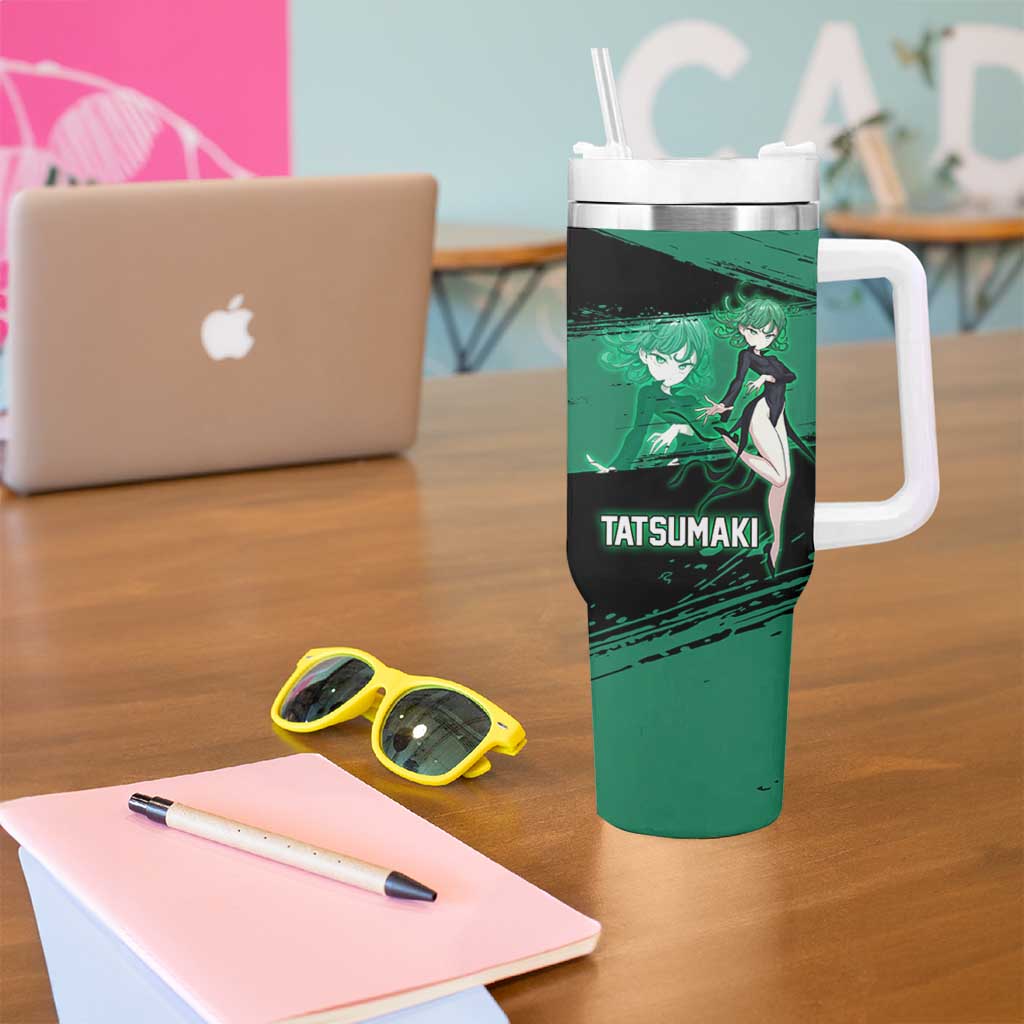 Tatsumaki One Punch Man Anime Green and Black Theme Tumbler With Handle with Psychic Power Effects and Bold - The Mazicc