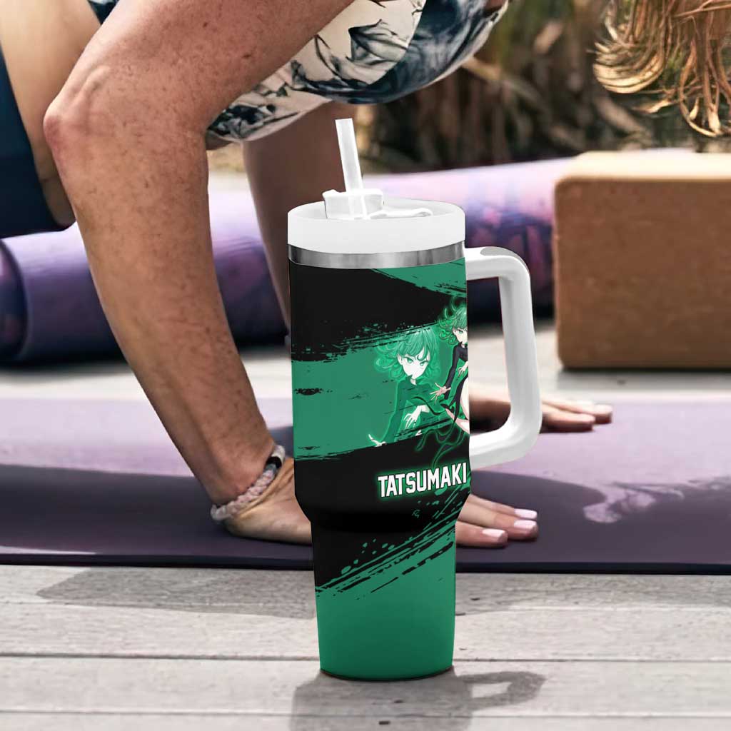 Tatsumaki One Punch Man Anime Green and Black Theme Tumbler With Handle with Psychic Power Effects and Bold - The Mazicc