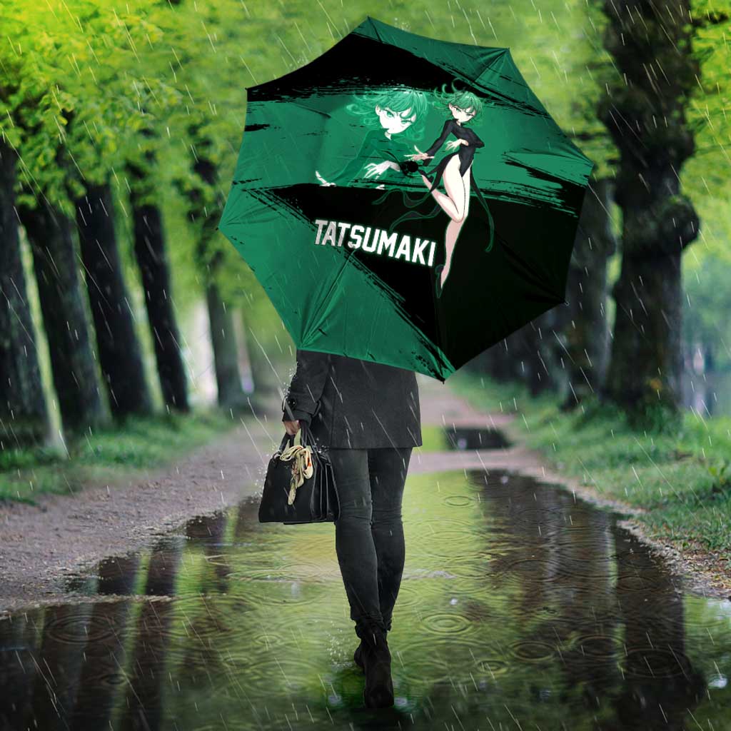Tatsumaki One Punch Man Anime Green and Black Theme Umbrella with Psychic Power Effects and Bold - The Mazicc