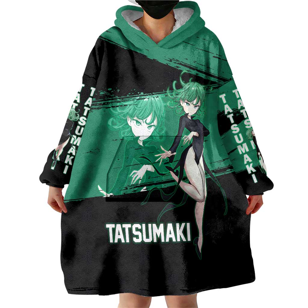 Tatsumaki One Punch Man Anime Green and Black Theme Wearable Blanket Hoodie with Psychic Power Effects and Bold - The Mazicc