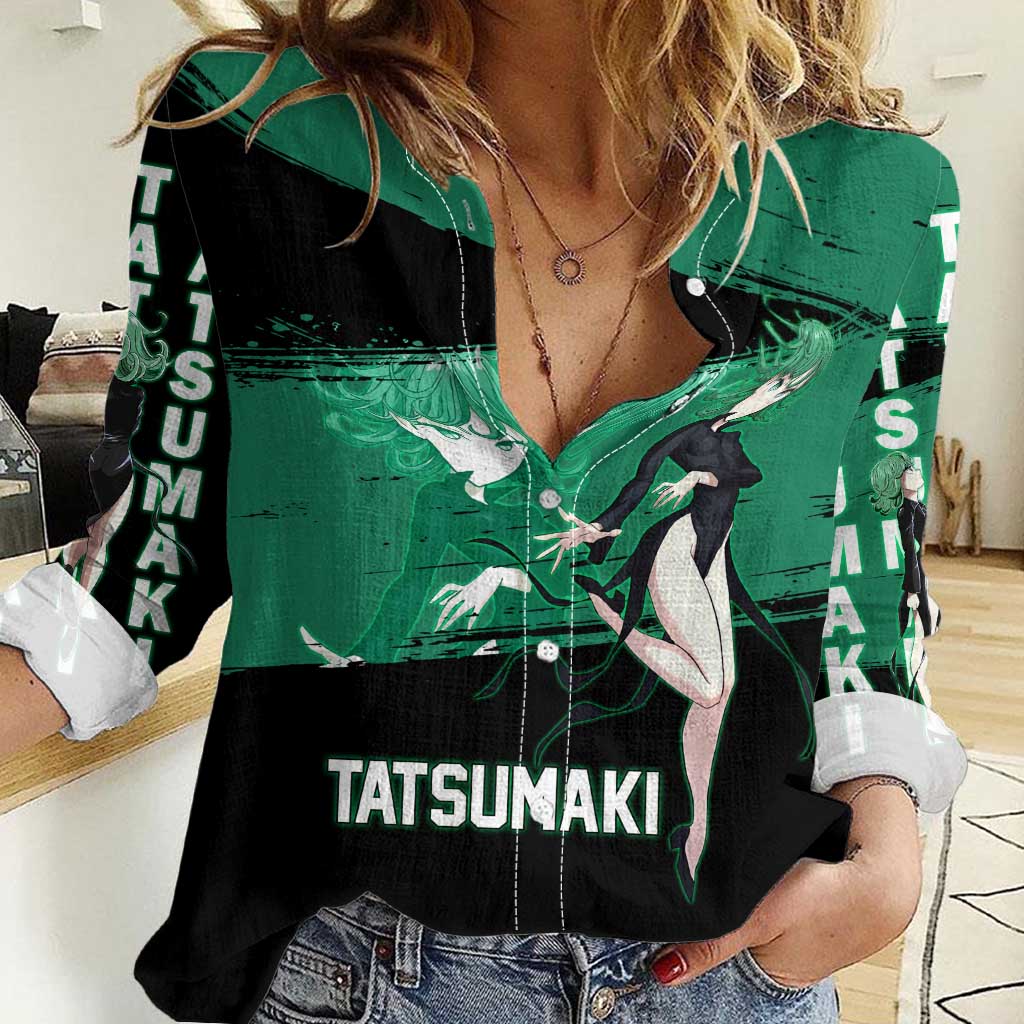 Tatsumaki One Punch Man Anime Green and Black Theme Women Casual Shirt with Psychic Power Effects and Bold - The Mazicc