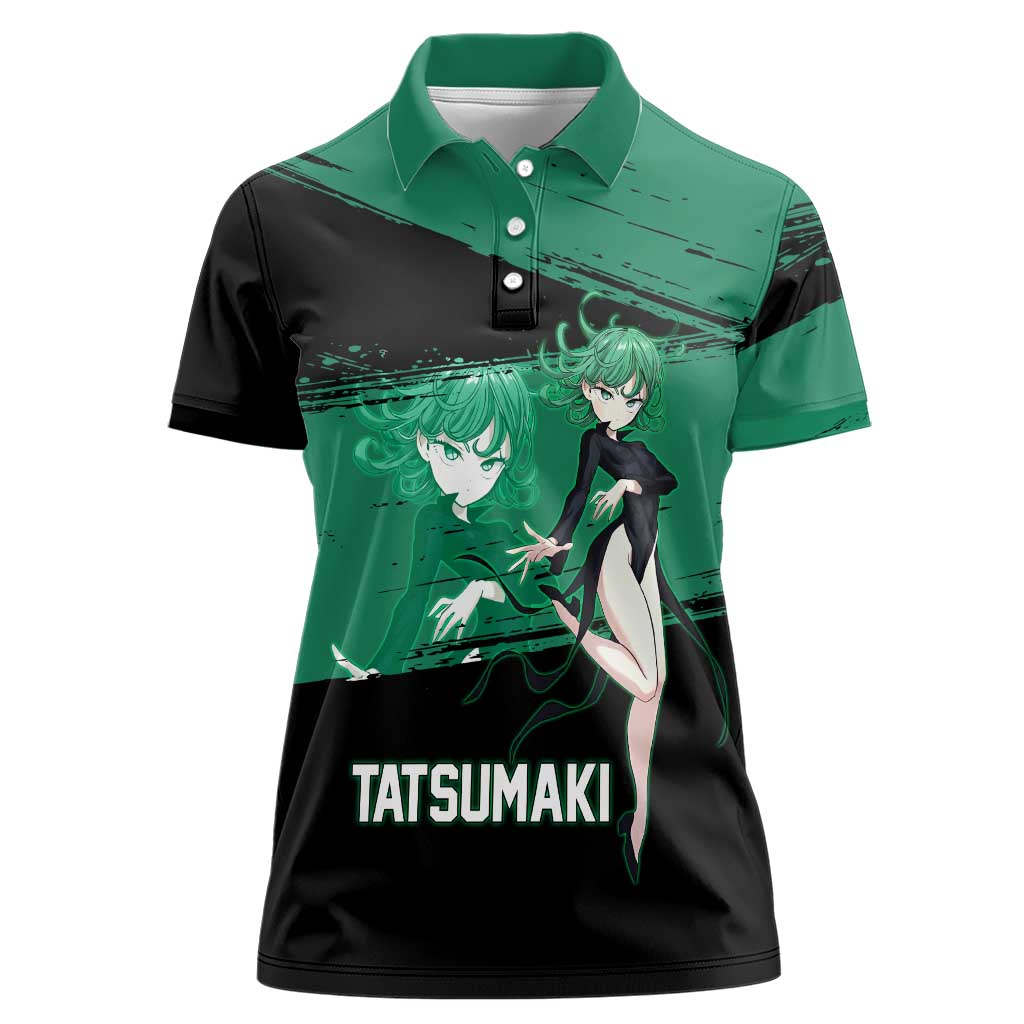 Tatsumaki One Punch Man Anime Green and Black Theme Women Polo Shirt with Psychic Power Effects and Bold - The Mazicc