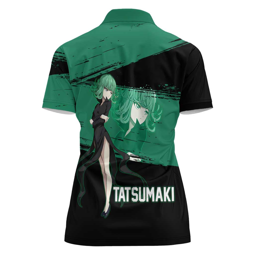 Tatsumaki One Punch Man Anime Green and Black Theme Women Polo Shirt with Psychic Power Effects and Bold - The Mazicc