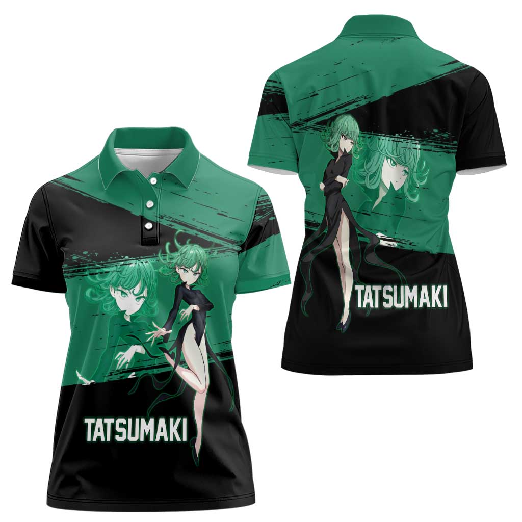 Tatsumaki One Punch Man Anime Green and Black Theme Women Polo Shirt with Psychic Power Effects and Bold - The Mazicc
