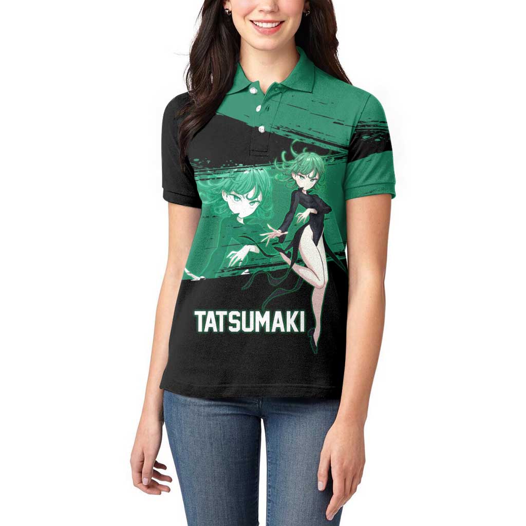 Tatsumaki One Punch Man Anime Green and Black Theme Women Polo Shirt with Psychic Power Effects and Bold - The Mazicc