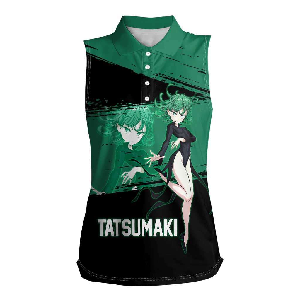 Tatsumaki One Punch Man Anime Green and Black Theme Women Sleeveless Polo Shirt with Psychic Power Effects and Bold - The Mazicc