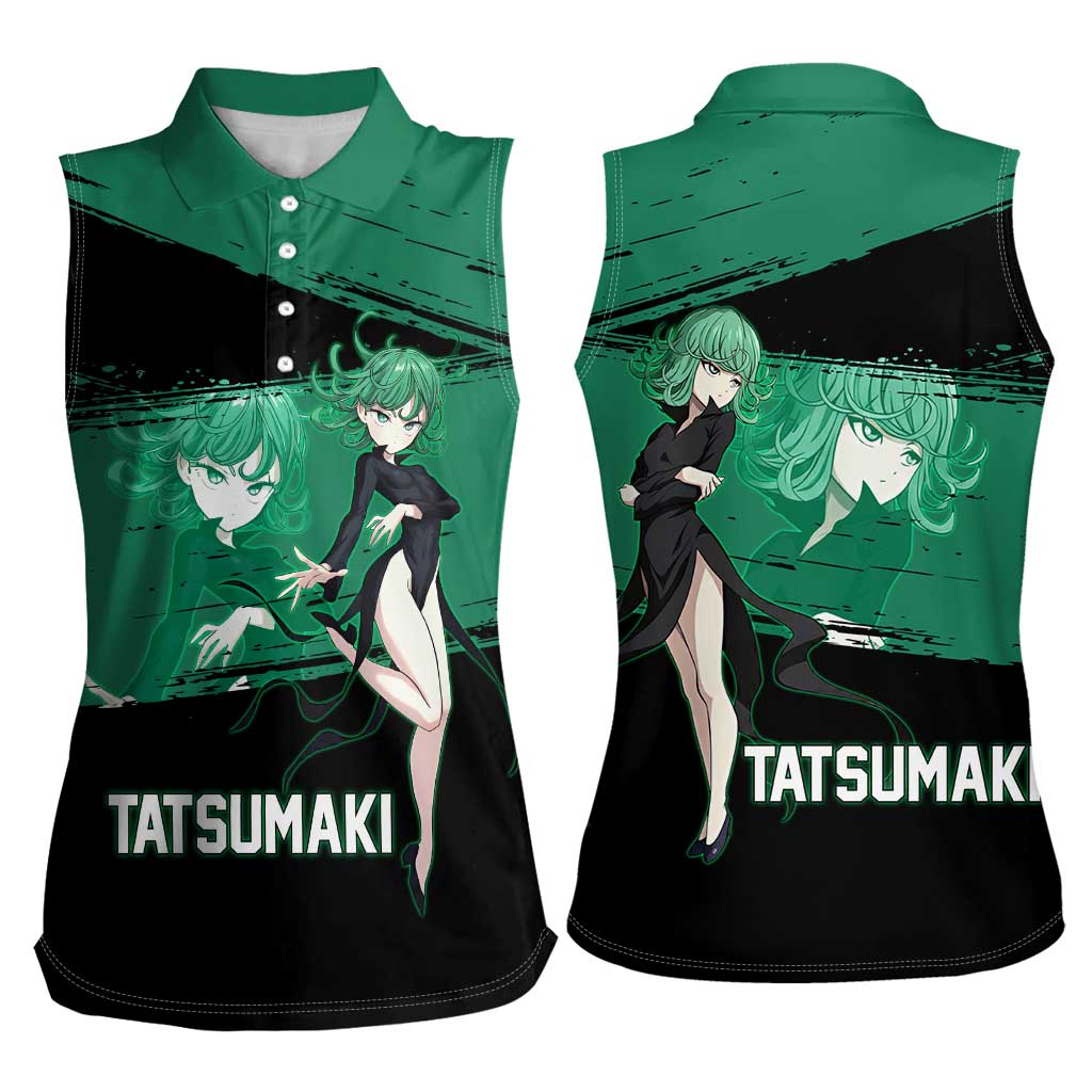 Tatsumaki One Punch Man Anime Green and Black Theme Women Sleeveless Polo Shirt with Psychic Power Effects and Bold - The Mazicc