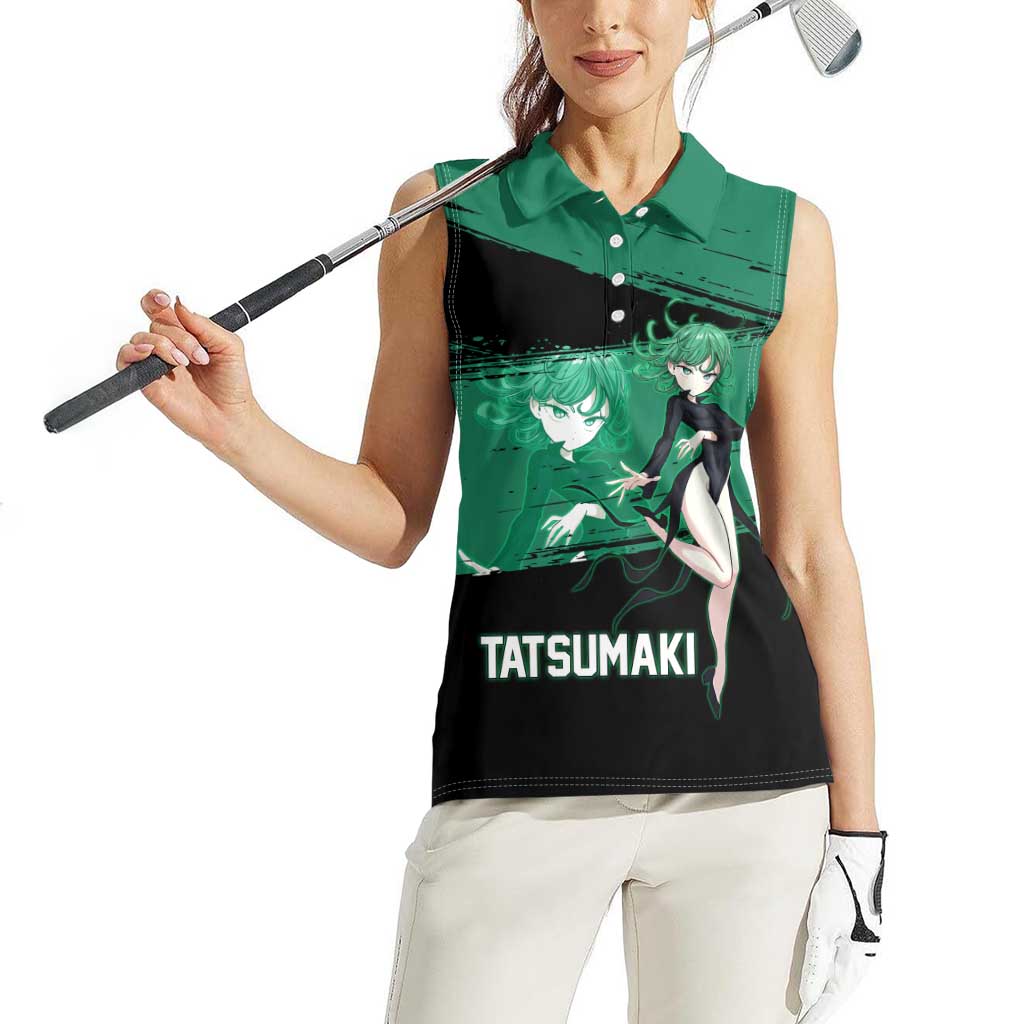 Tatsumaki One Punch Man Anime Green and Black Theme Women Sleeveless Polo Shirt with Psychic Power Effects and Bold - The Mazicc