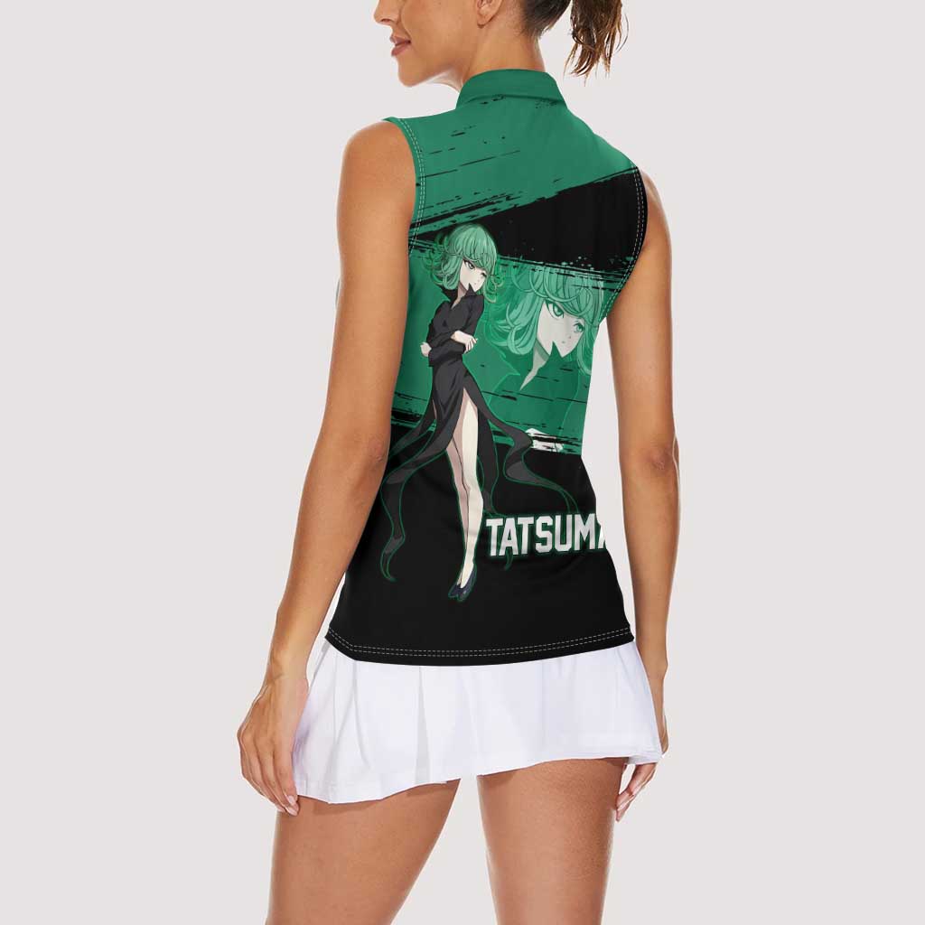 Tatsumaki One Punch Man Anime Green and Black Theme Women Sleeveless Polo Shirt with Psychic Power Effects and Bold - The Mazicc