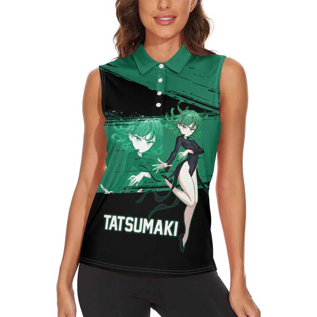 Tatsumaki One Punch Man Anime Green and Black Theme Women Sleeveless Polo Shirt with Psychic Power Effects and Bold - The Mazicc