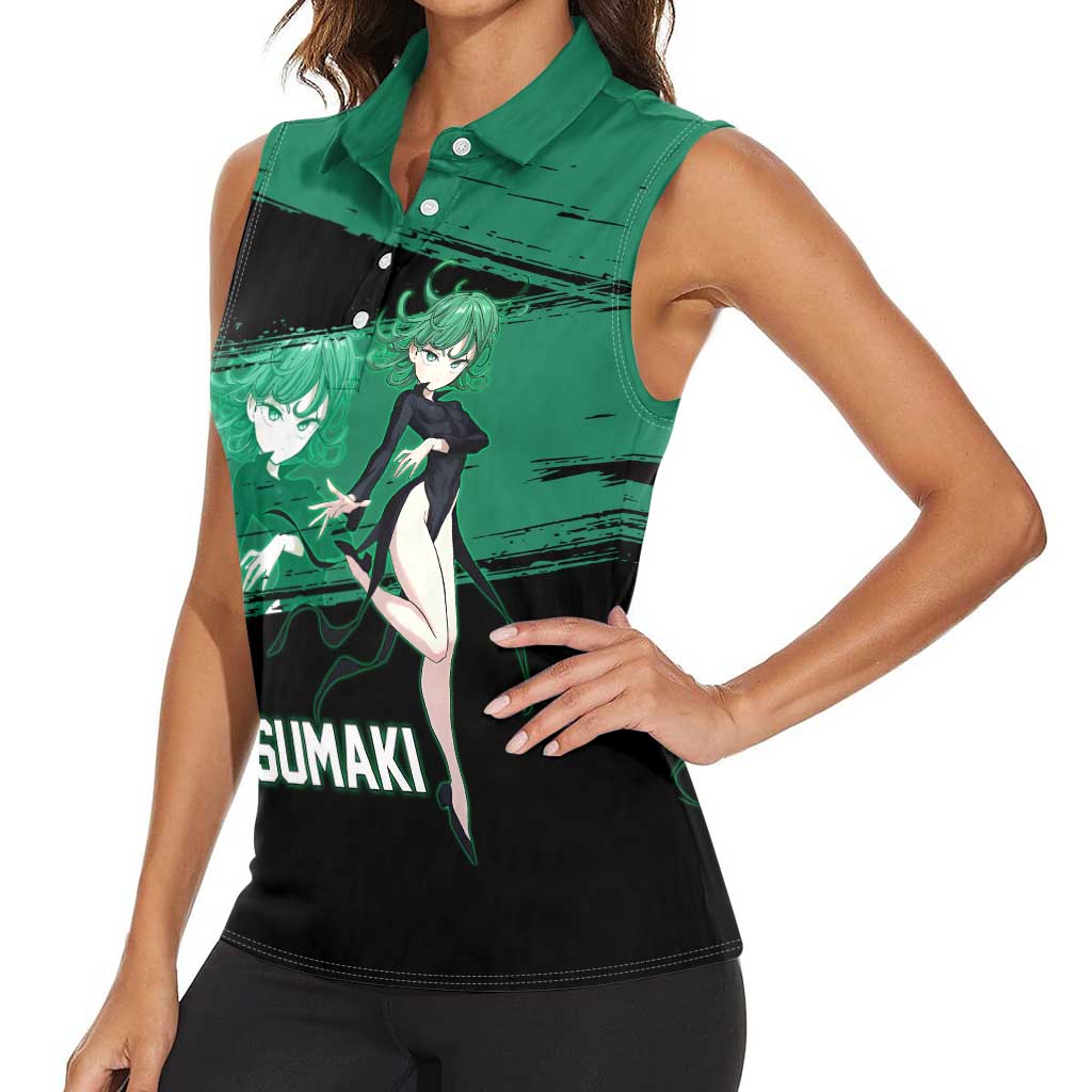 Tatsumaki One Punch Man Anime Green and Black Theme Women Sleeveless Polo Shirt with Psychic Power Effects and Bold - The Mazicc