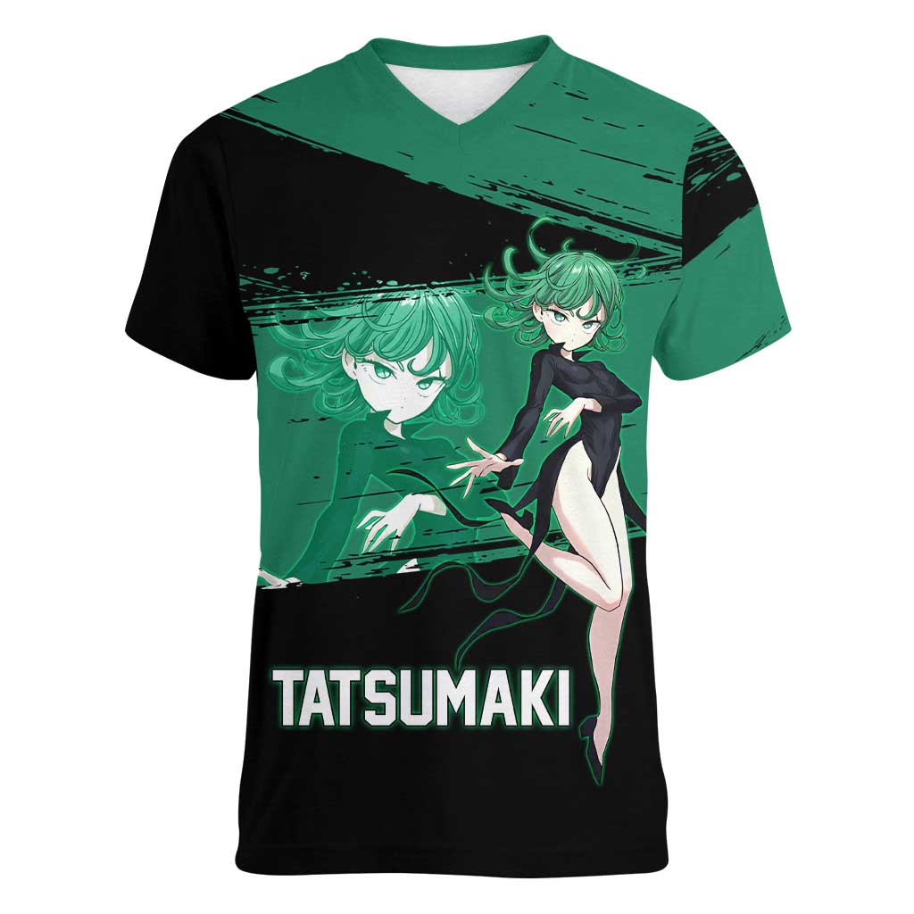 Tatsumaki One Punch Man Anime Green and Black Theme Women V-Neck T-Shirt with Psychic Power Effects and Bold - The Mazicc