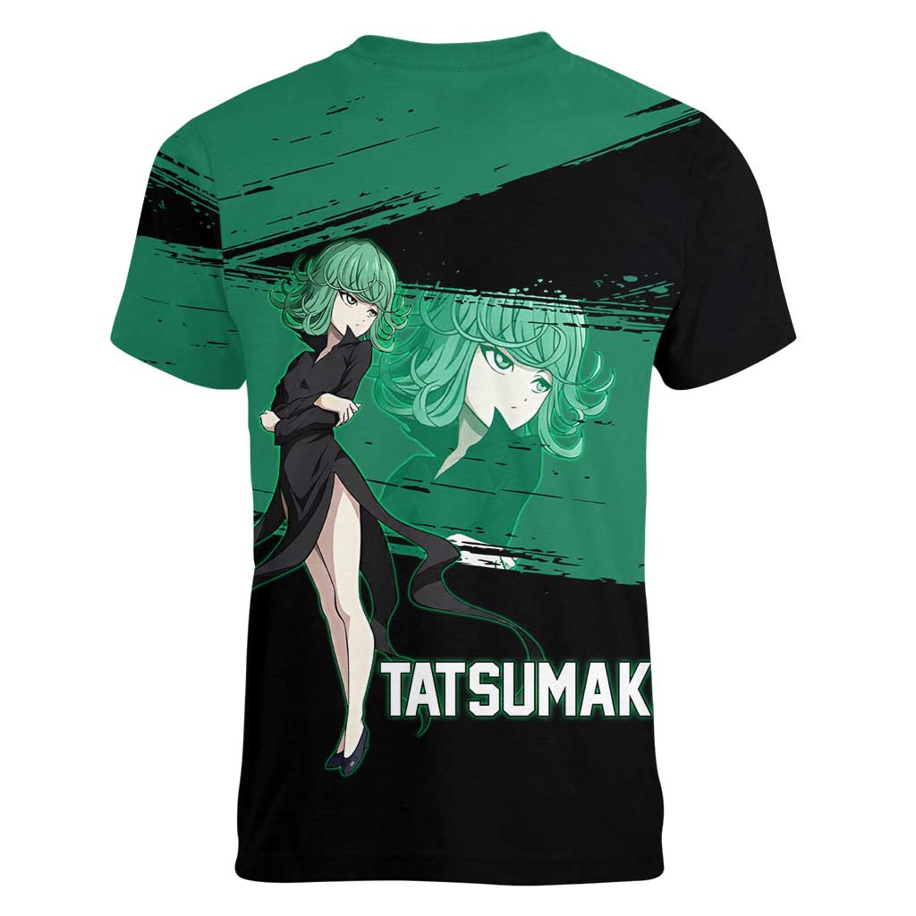 Tatsumaki One Punch Man Anime Green and Black Theme Women V-Neck T-Shirt with Psychic Power Effects and Bold - The Mazicc