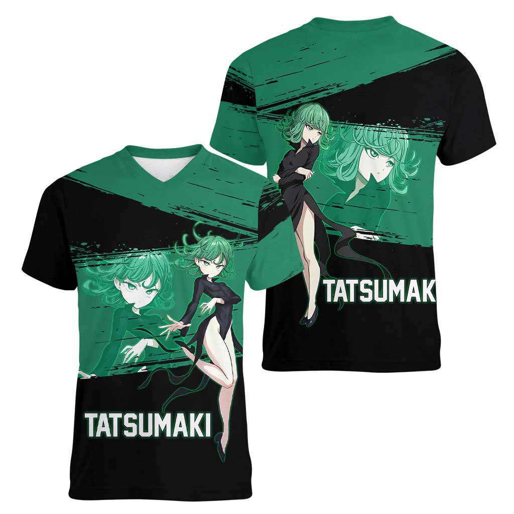 Tatsumaki One Punch Man Anime Green and Black Theme Women V-Neck T-Shirt with Psychic Power Effects and Bold - The Mazicc