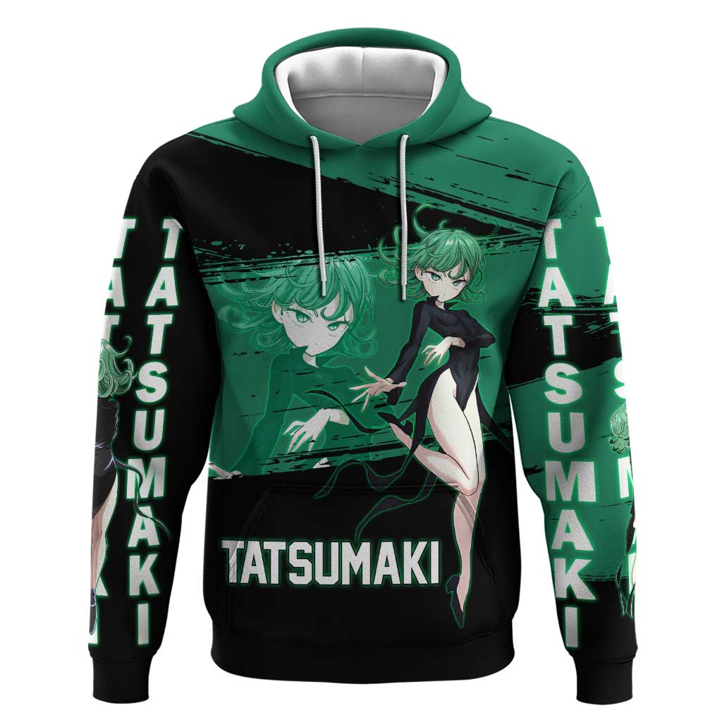 Tatsumaki One Punch Man Anime Green and Black Theme Zip Hoodie with Psychic Power Effects and Bold - The Mazicc