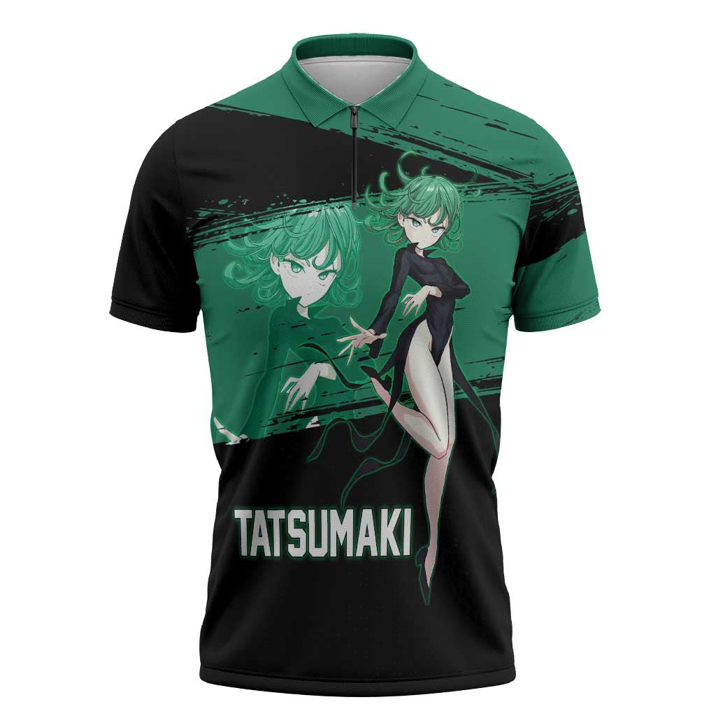 Tatsumaki One Punch Man Anime Green and Black Theme Zipper Polo Shirt with Psychic Power Effects and Bold - The Mazicc
