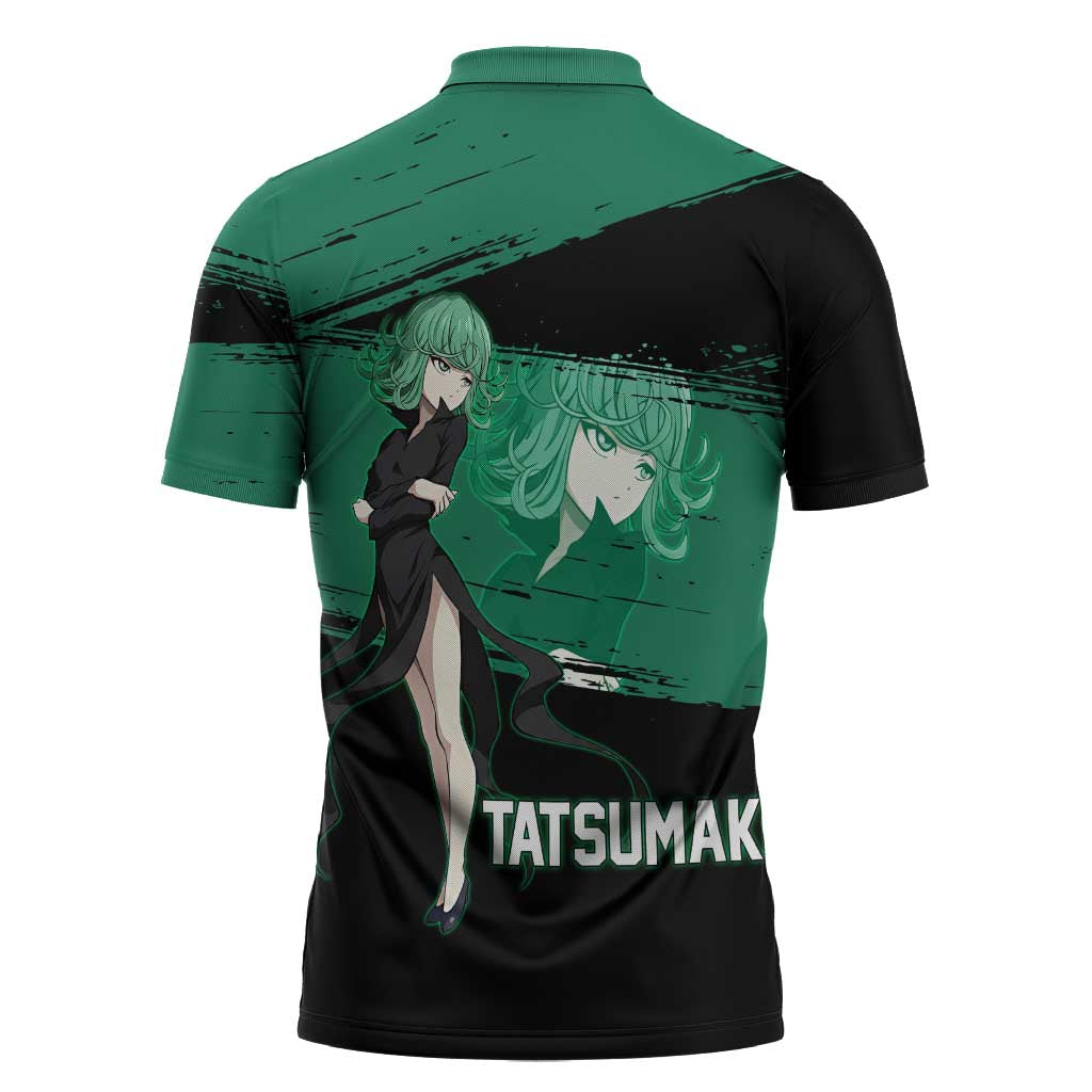 Tatsumaki One Punch Man Anime Green and Black Theme Zipper Polo Shirt with Psychic Power Effects and Bold - The Mazicc
