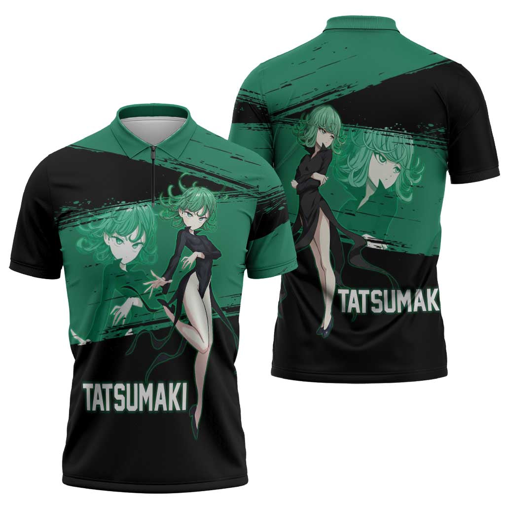 Tatsumaki One Punch Man Anime Green and Black Theme Zipper Polo Shirt with Psychic Power Effects and Bold - The Mazicc