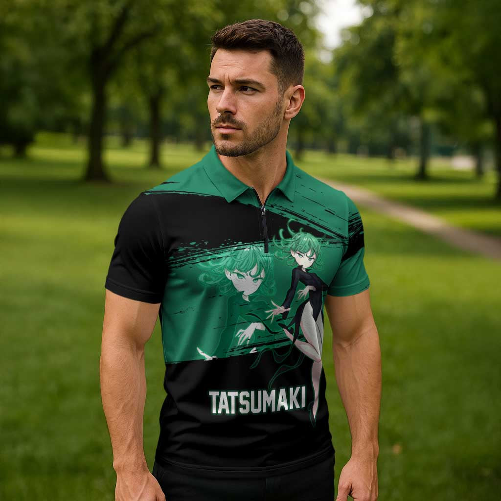 Tatsumaki One Punch Man Anime Green and Black Theme Zipper Polo Shirt with Psychic Power Effects and Bold - The Mazicc