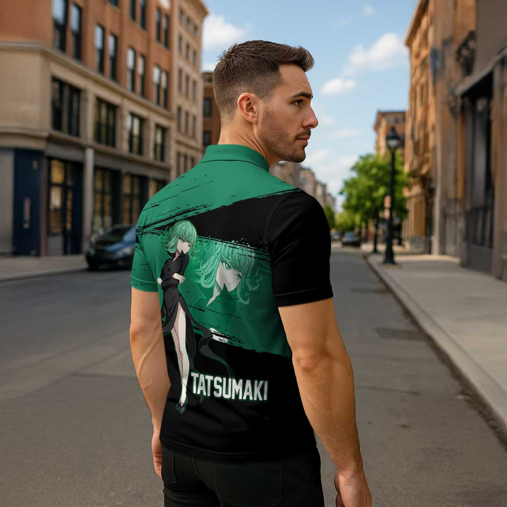 Tatsumaki One Punch Man Anime Green and Black Theme Zipper Polo Shirt with Psychic Power Effects and Bold - The Mazicc