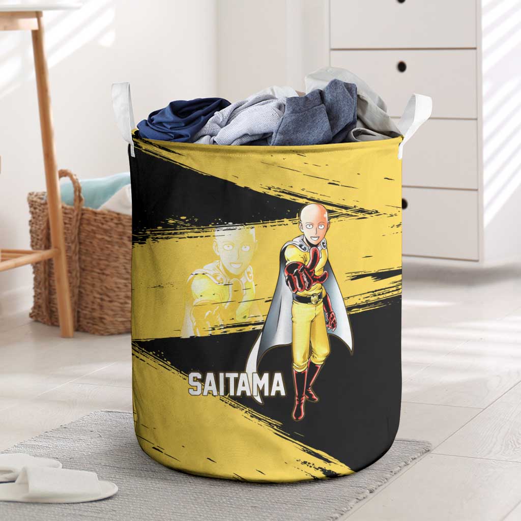 Saitama One Punch Man Anime Yellow and Black Theme Laundry Basket with Heroic Pose and Dynamic Brushstroke Background - The Mazicc