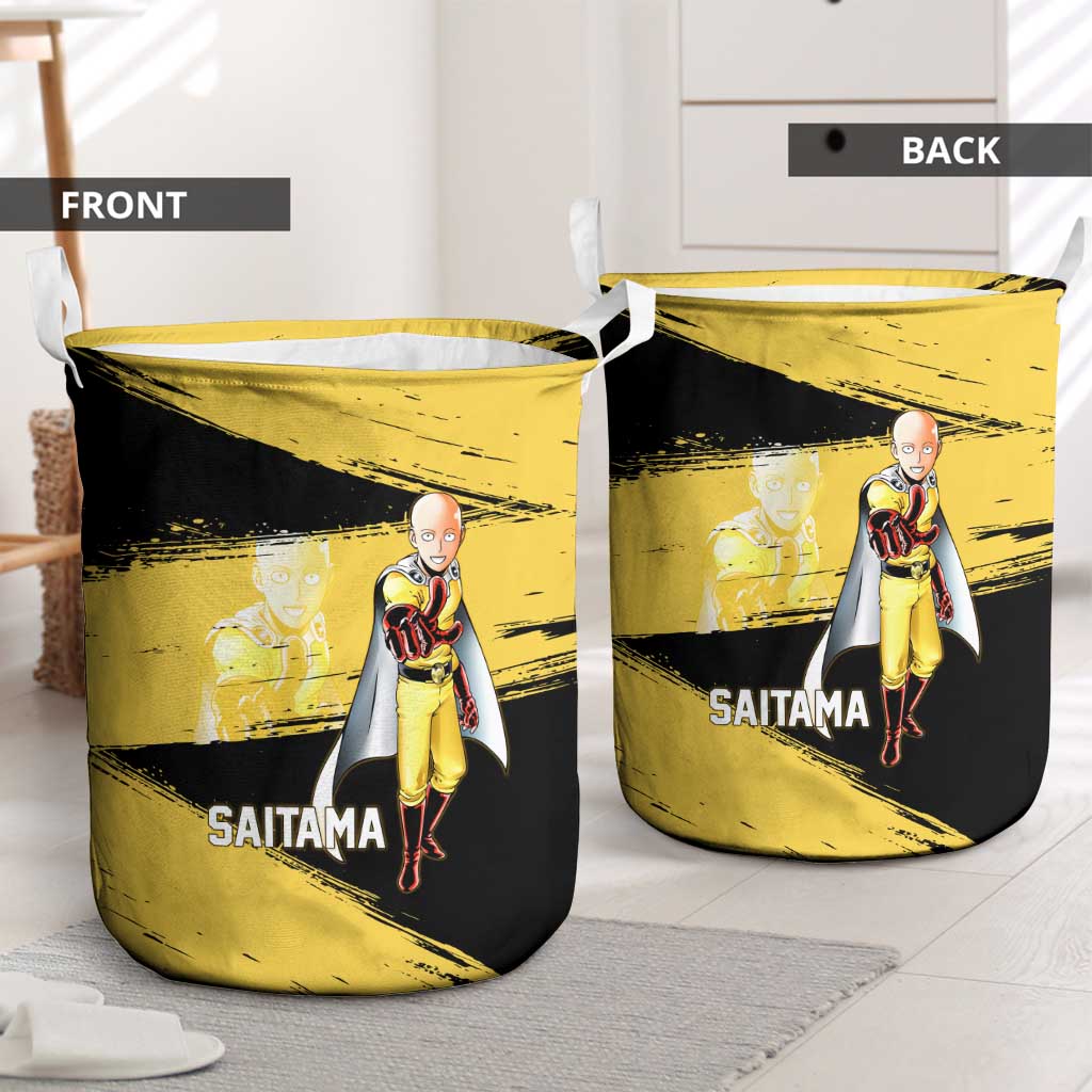 Saitama One Punch Man Anime Yellow and Black Theme Laundry Basket with Heroic Pose and Dynamic Brushstroke Background - The Mazicc