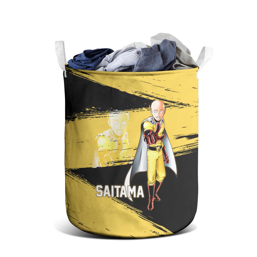 Saitama One Punch Man Anime Yellow and Black Theme Laundry Basket with Heroic Pose and Dynamic Brushstroke Background - The Mazicc