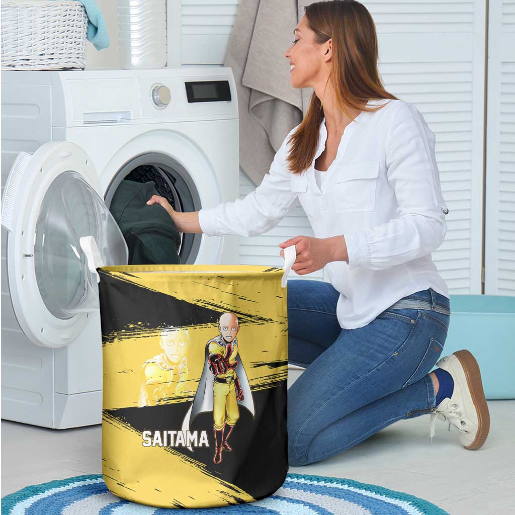 Saitama One Punch Man Anime Yellow and Black Theme Laundry Basket with Heroic Pose and Dynamic Brushstroke Background - The Mazicc