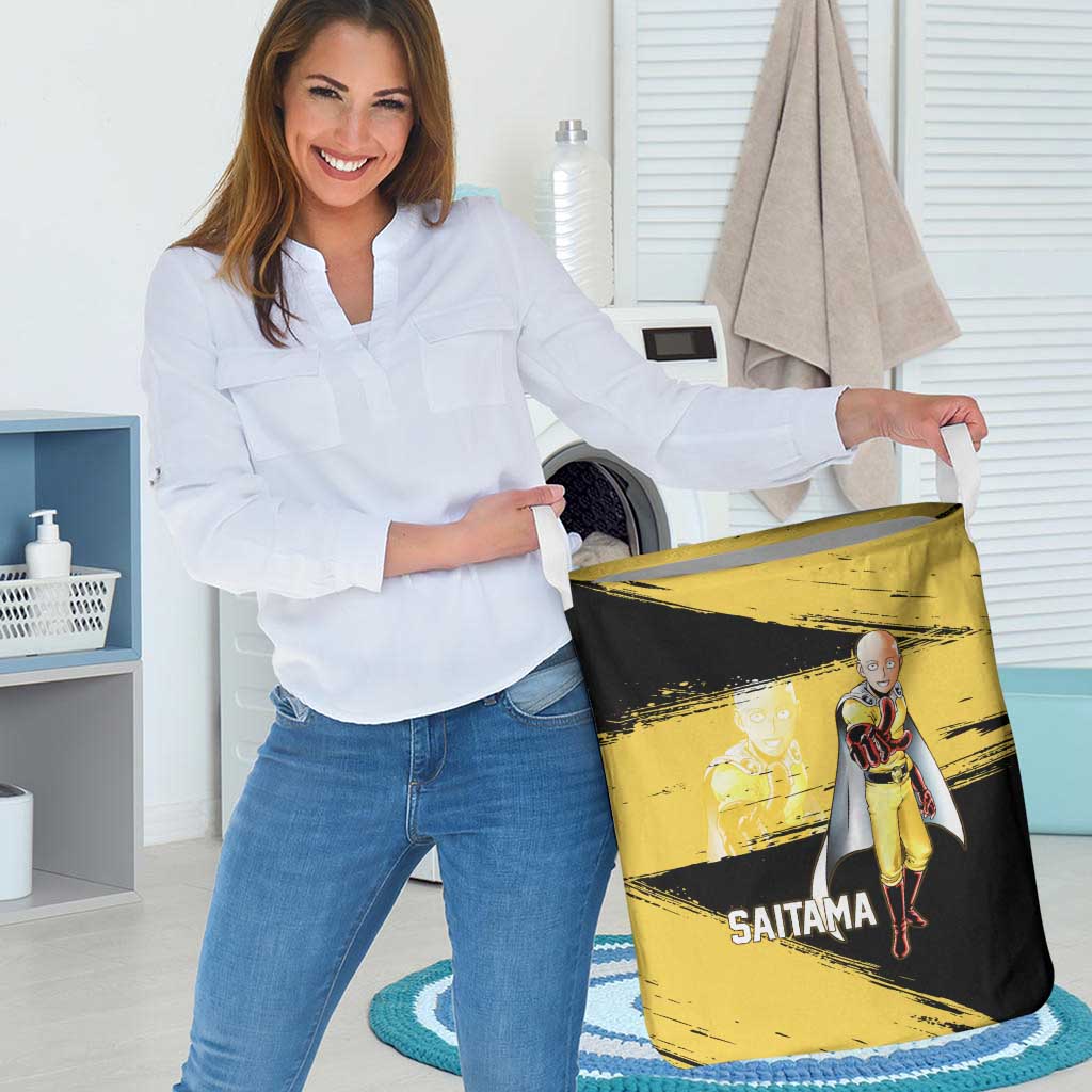 Saitama One Punch Man Anime Yellow and Black Theme Laundry Basket with Heroic Pose and Dynamic Brushstroke Background - The Mazicc