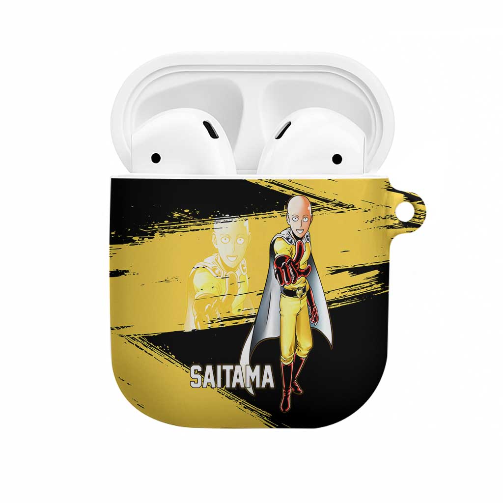 Saitama One Punch Man Anime Yellow and Black Theme AirPods Case with Heroic Pose and Dynamic Brushstroke Background - The Mazicc