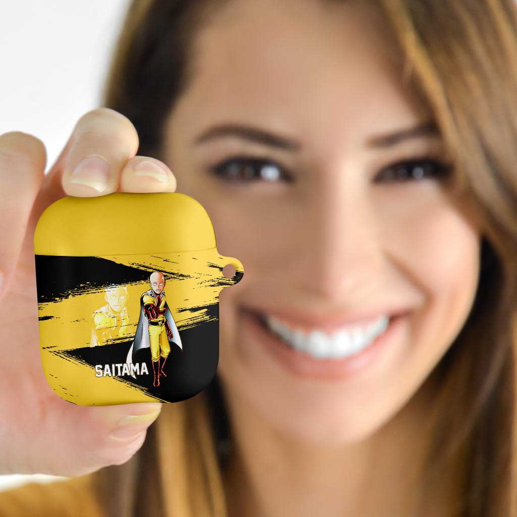Saitama One Punch Man Anime Yellow and Black Theme AirPods Case with Heroic Pose and Dynamic Brushstroke Background - The Mazicc