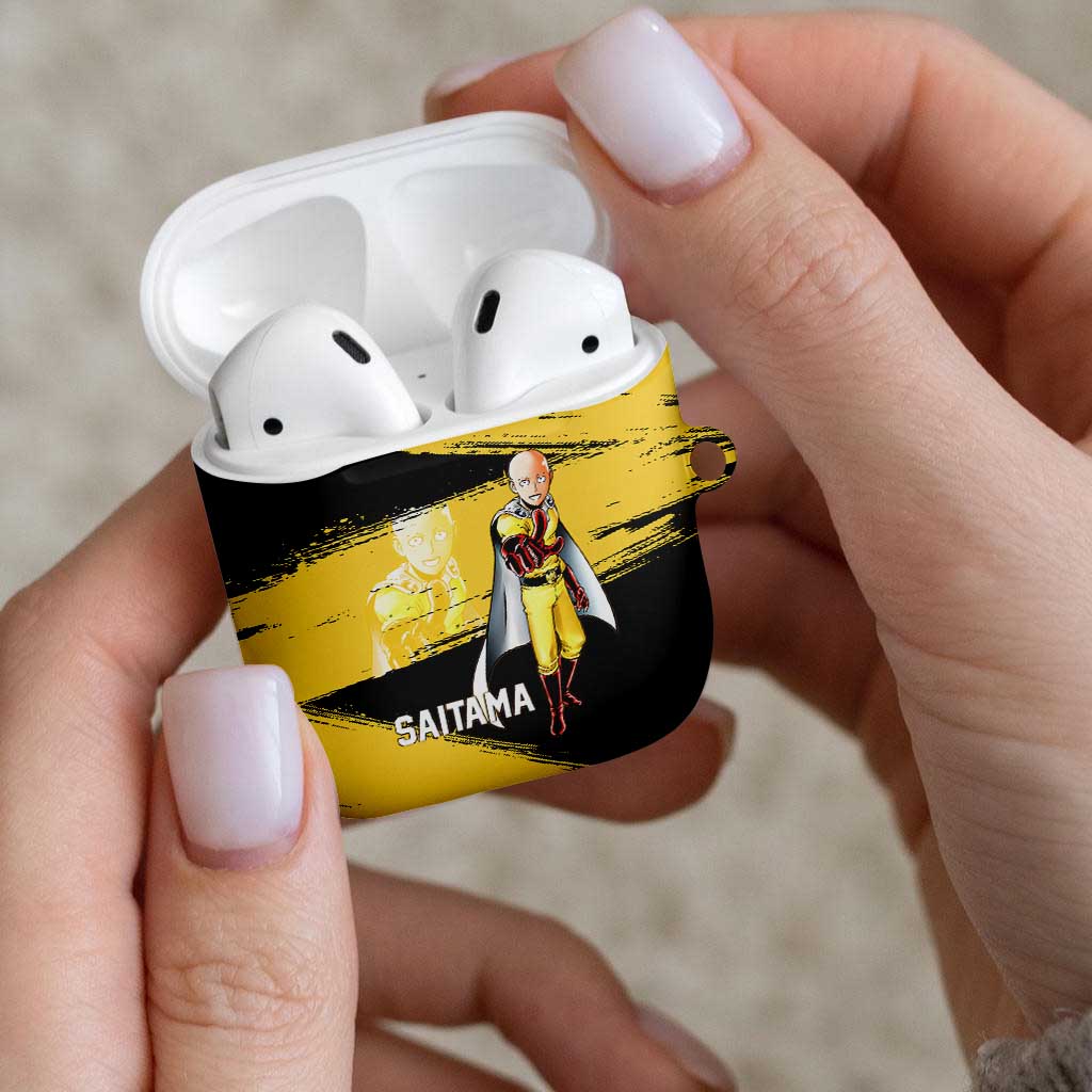 Saitama One Punch Man Anime Yellow and Black Theme AirPods Case with Heroic Pose and Dynamic Brushstroke Background - The Mazicc