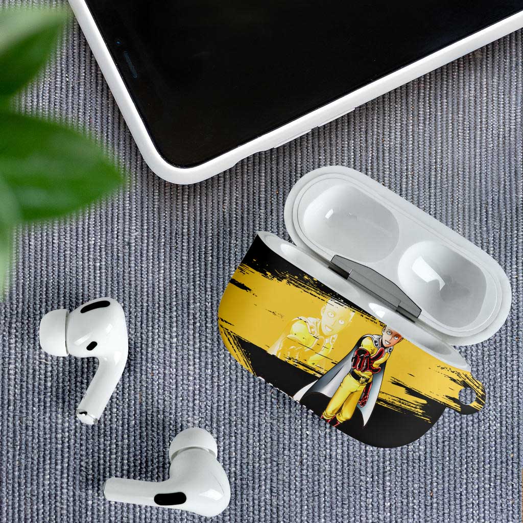 Saitama One Punch Man Anime Yellow and Black Theme AirPods Case with Heroic Pose and Dynamic Brushstroke Background - The Mazicc
