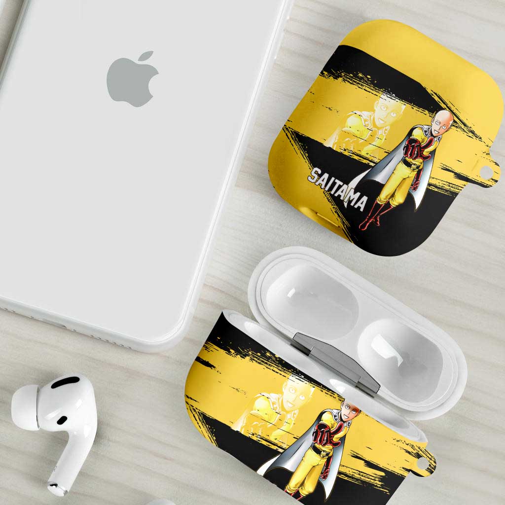 Saitama One Punch Man Anime Yellow and Black Theme AirPods Case with Heroic Pose and Dynamic Brushstroke Background - The Mazicc