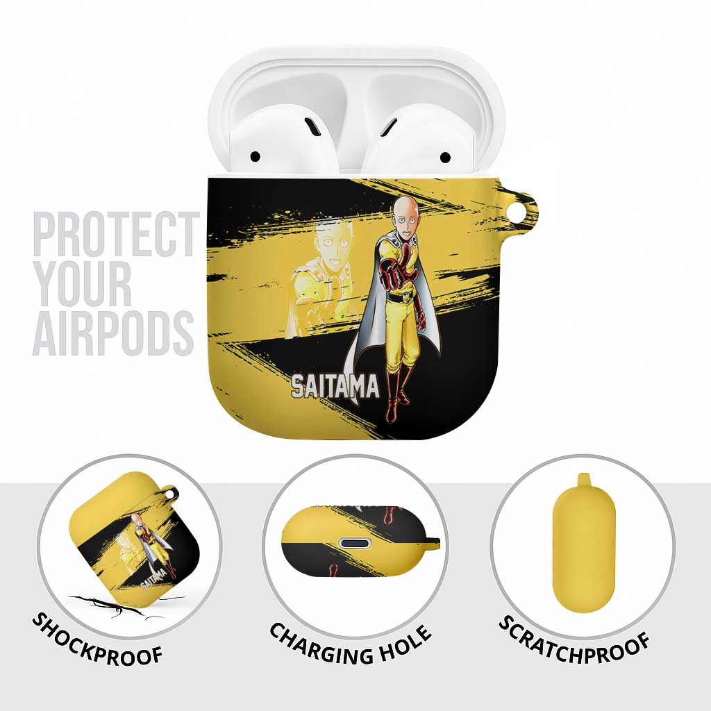 Saitama One Punch Man Anime Yellow and Black Theme AirPods Case with Heroic Pose and Dynamic Brushstroke Background - The Mazicc