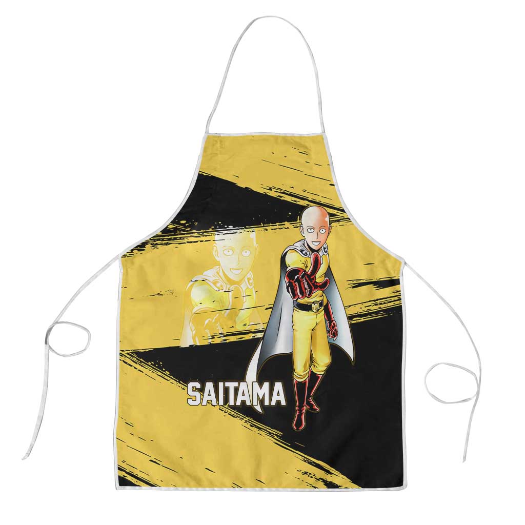 Saitama One Punch Man Anime Yellow and Black Theme Apron with Heroic Pose and Dynamic Brushstroke Background - The Mazicc