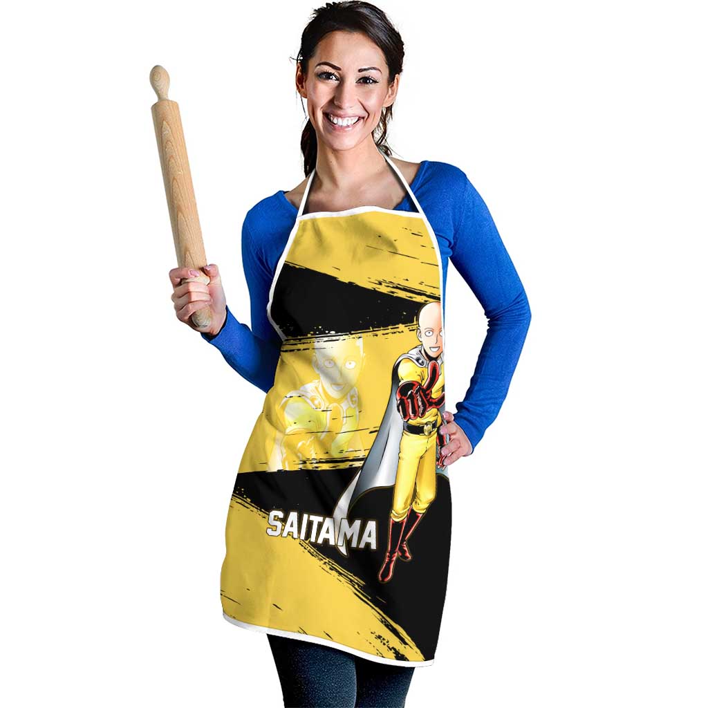 Saitama One Punch Man Anime Yellow and Black Theme Apron with Heroic Pose and Dynamic Brushstroke Background - The Mazicc