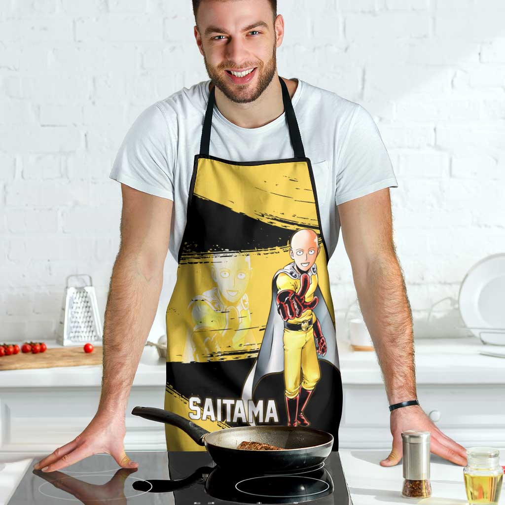 Saitama One Punch Man Anime Yellow and Black Theme Apron with Heroic Pose and Dynamic Brushstroke Background - The Mazicc