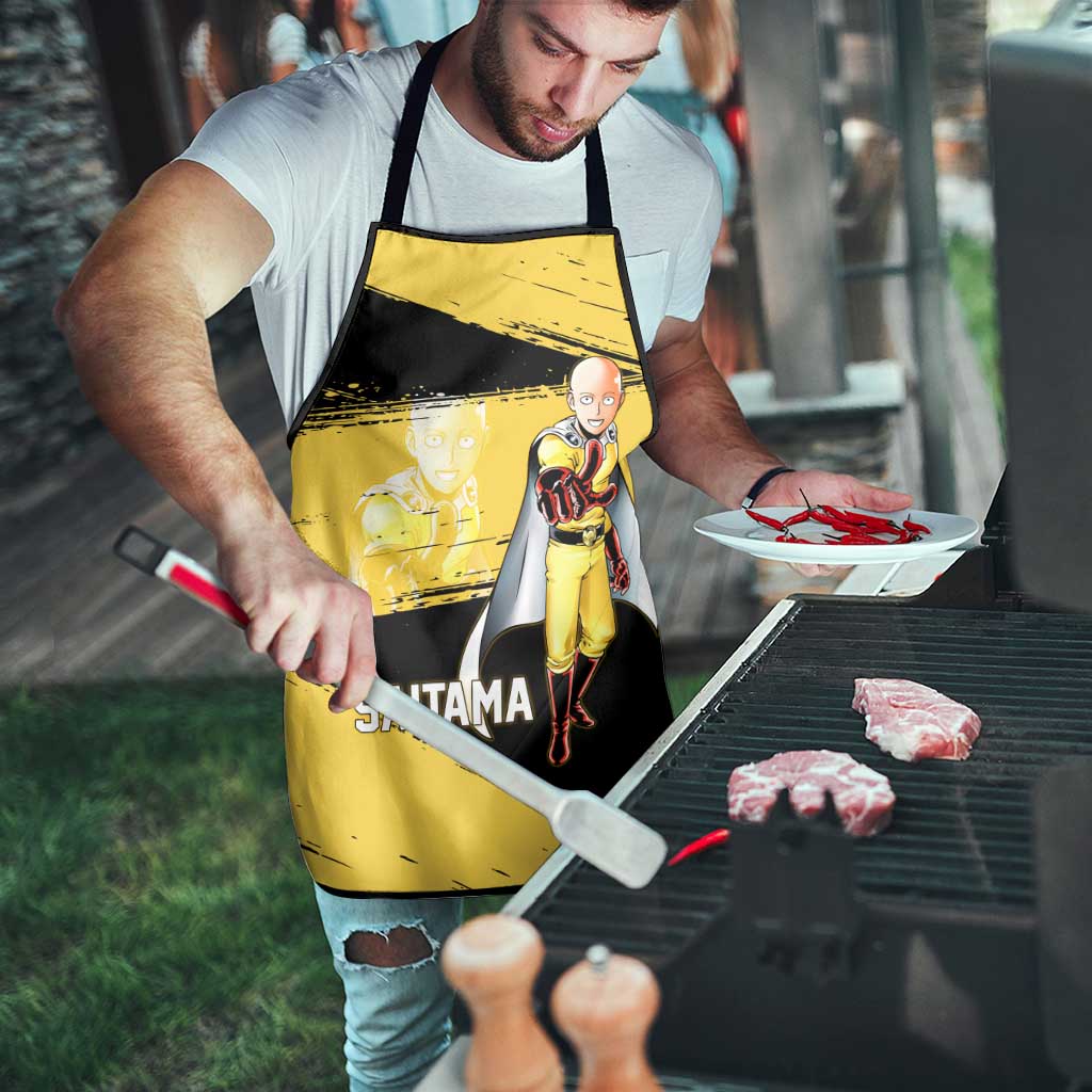 Saitama One Punch Man Anime Yellow and Black Theme Apron with Heroic Pose and Dynamic Brushstroke Background - The Mazicc