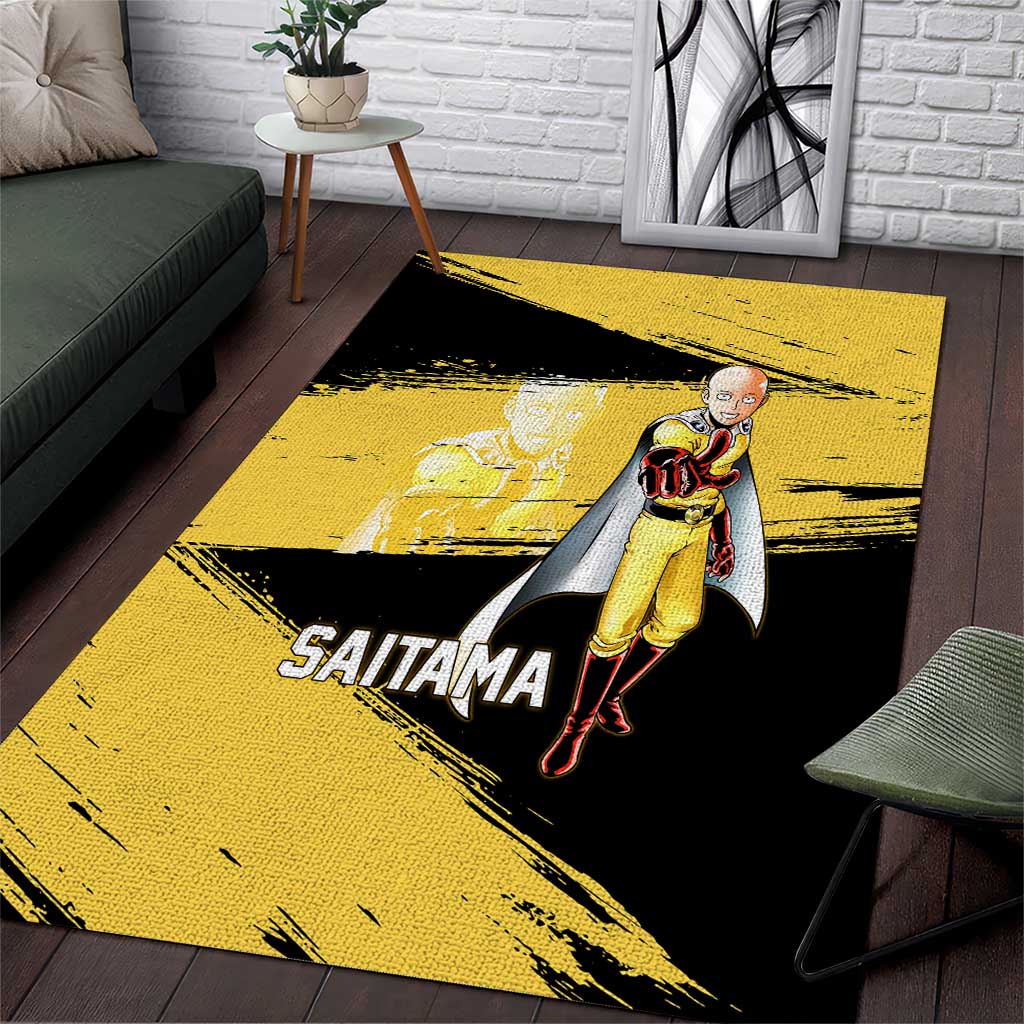 Saitama One Punch Man Anime Yellow and Black Theme Area Rug with Heroic Pose and Dynamic Brushstroke Background - The Mazicc