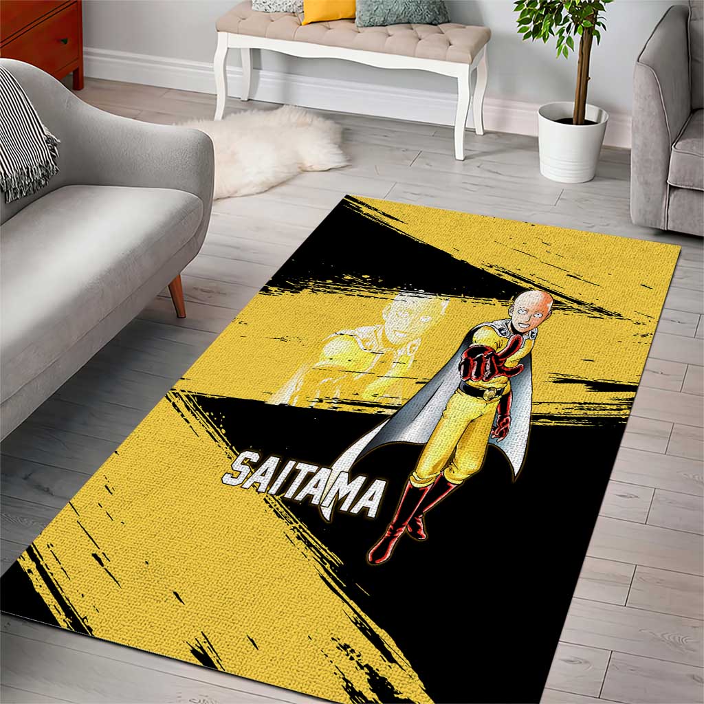Saitama One Punch Man Anime Yellow and Black Theme Area Rug with Heroic Pose and Dynamic Brushstroke Background - The Mazicc