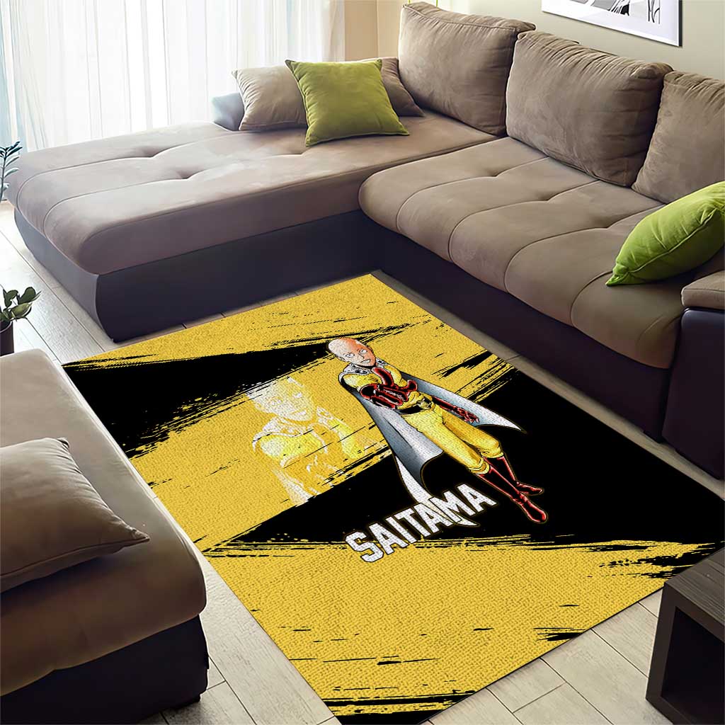 Saitama One Punch Man Anime Yellow and Black Theme Area Rug with Heroic Pose and Dynamic Brushstroke Background - The Mazicc