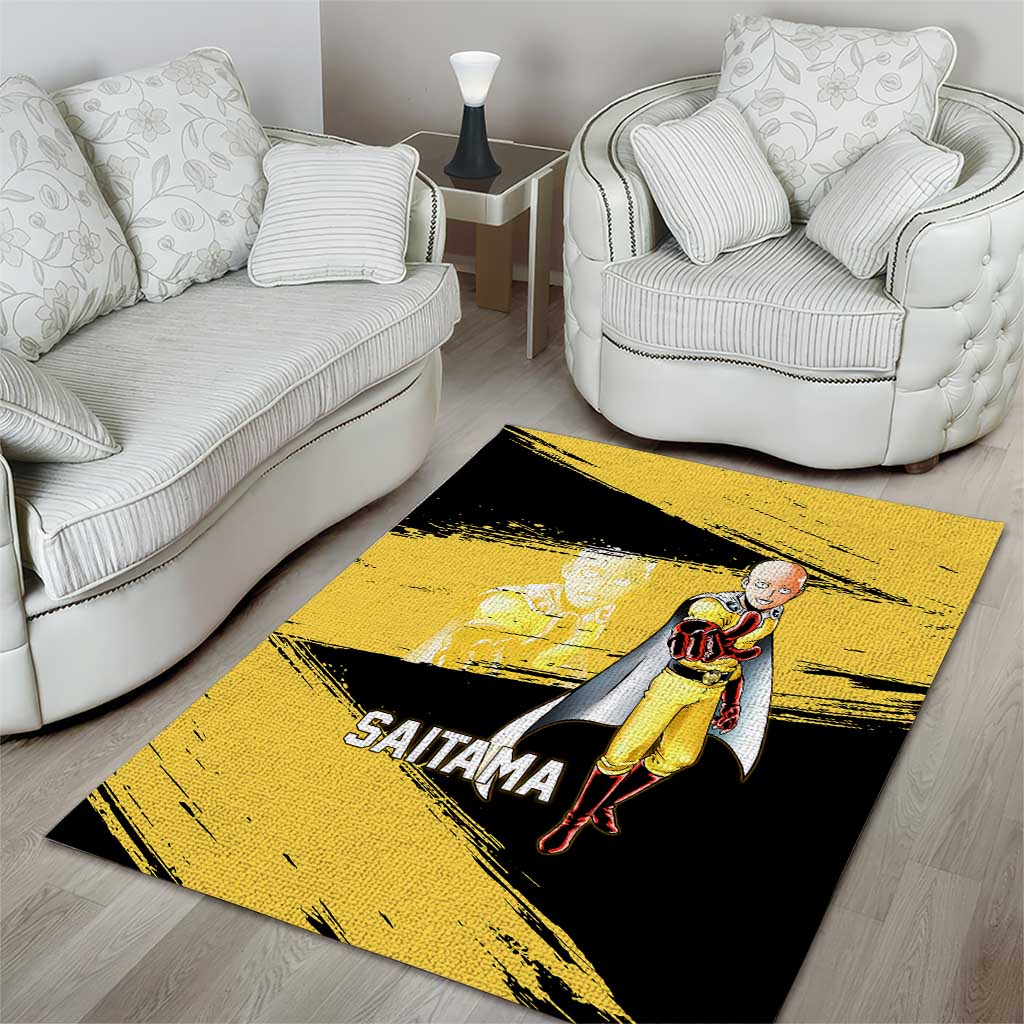Saitama One Punch Man Anime Yellow and Black Theme Area Rug with Heroic Pose and Dynamic Brushstroke Background - The Mazicc