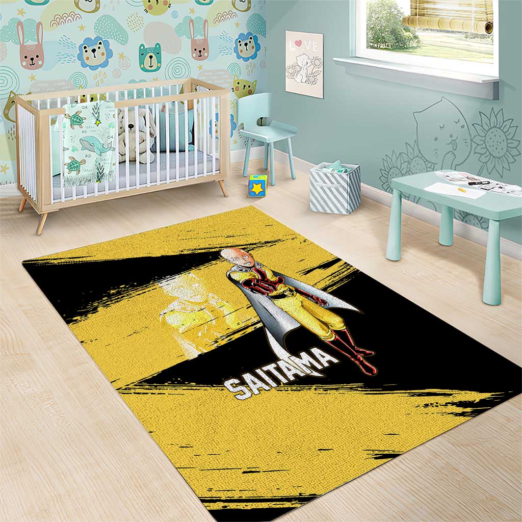 Saitama One Punch Man Anime Yellow and Black Theme Area Rug with Heroic Pose and Dynamic Brushstroke Background - The Mazicc