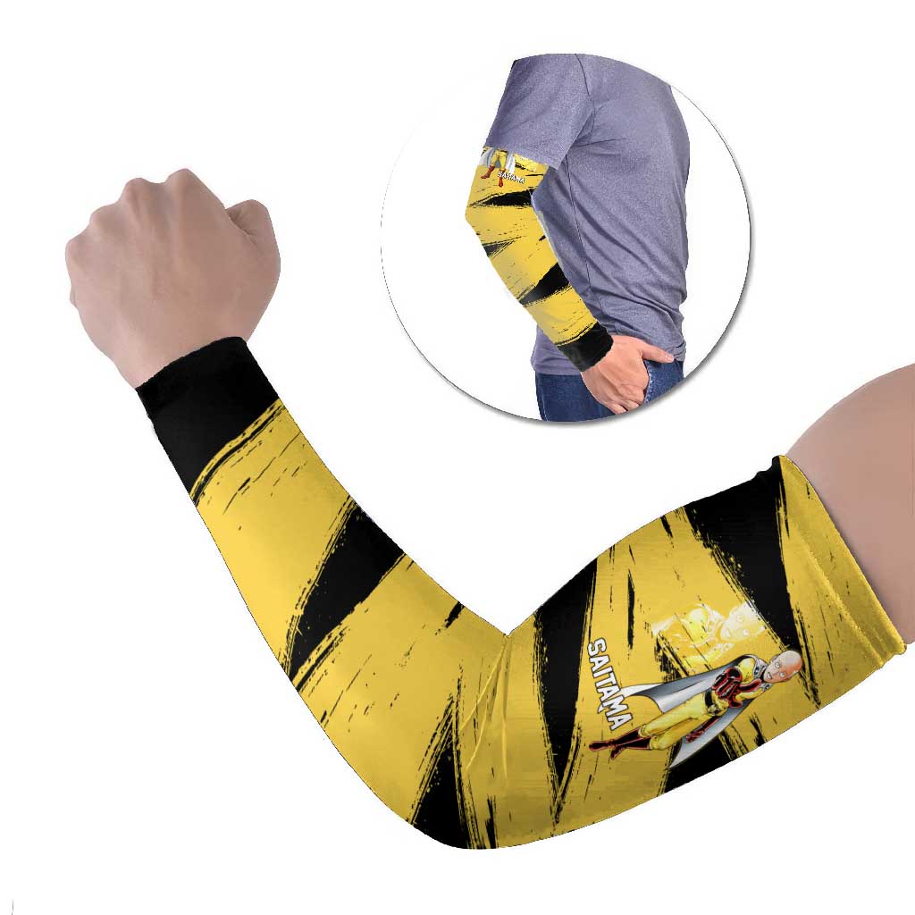 Saitama One Punch Man Anime Yellow and Black Theme Arm Sleeves with Heroic Pose and Dynamic Brushstroke Background - The Mazicc